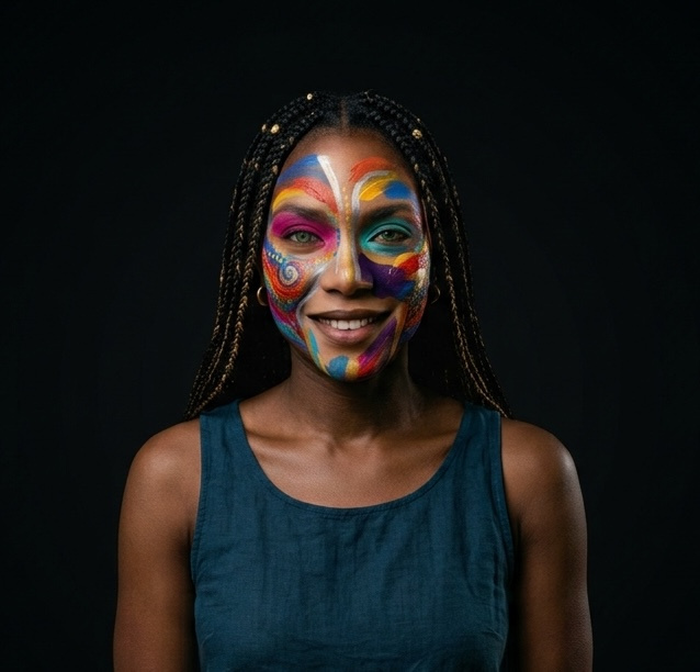 Smiling woman with colourful paint on her face